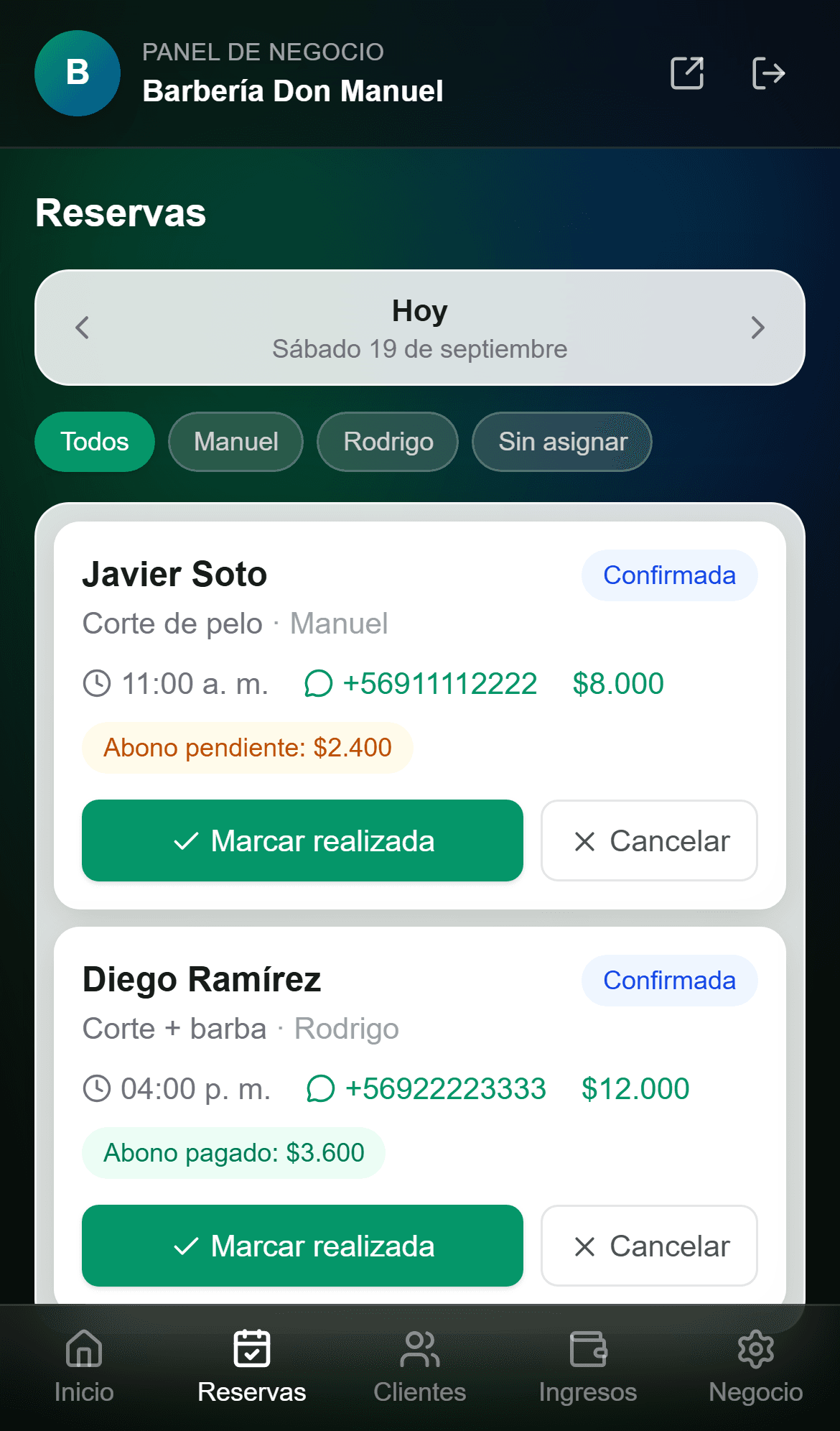 Agenda del día con los datos de cada reserva